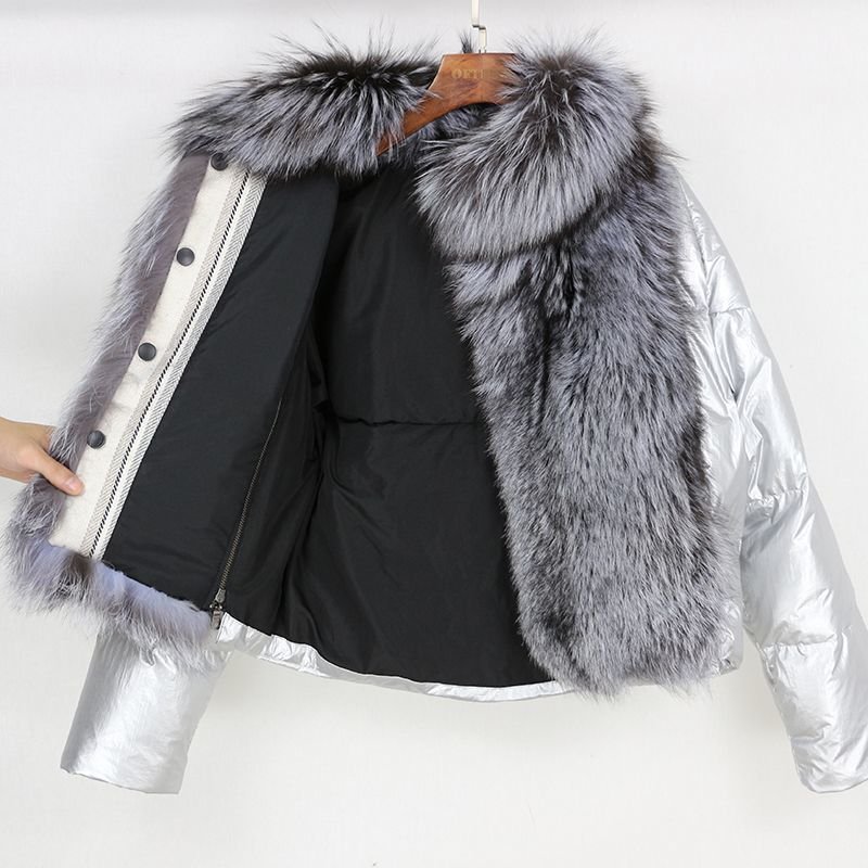 画像18: Woman's natural fox fur collar loose short coat sliver white duck down jacket Real  Fur Coat リアルフォックスファー付きダウンジャケット コート (18)