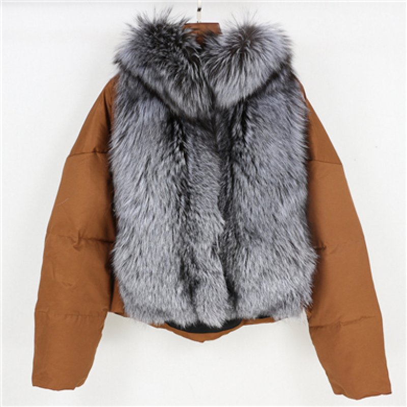 画像16: Woman's natural fox fur collar loose short coat sliver white duck down jacket Real  Fur Coat リアルフォックスファー付きダウンジャケット コート (16)