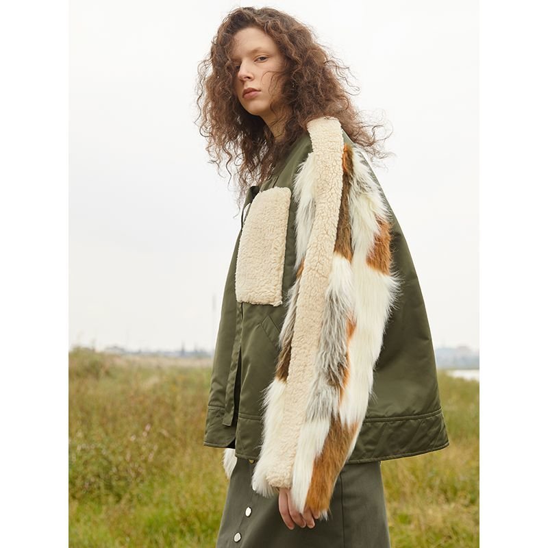 画像8: Woman's  original designer sleeves long hair stitching pilot cotton coat Blouson jacket スリーブファー付きアーミーMA1スタイルブルゾンジャケット ジャケット コート (8)