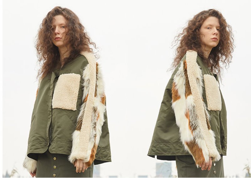 画像3: Woman's  original designer sleeves long hair stitching pilot cotton coat Blouson jacket スリーブファー付きアーミーMA1スタイルブルゾンジャケット ジャケット コート (3)