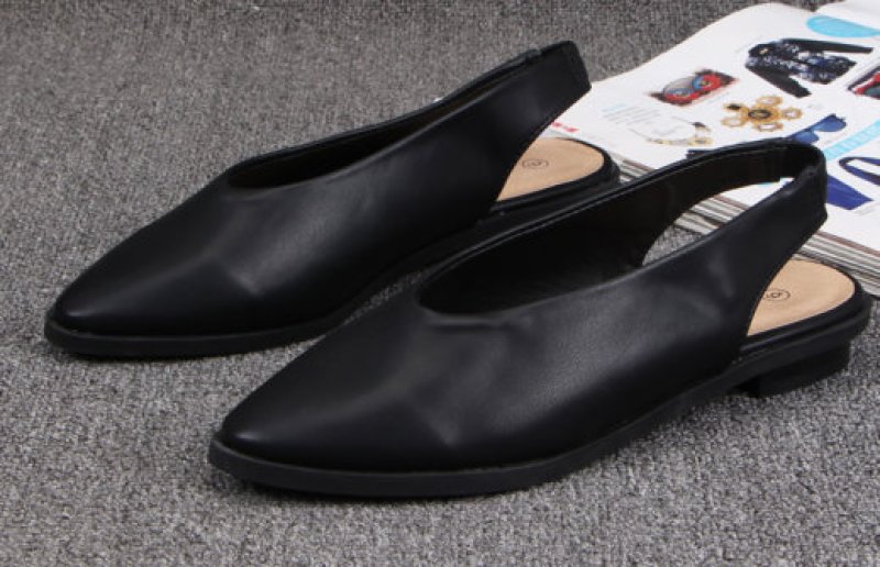 画像2: women's Black pointed head Baotou low heel pumps  sandals shoes 　バックストラップブラックレザーフラットパンプス　サンダル (2)