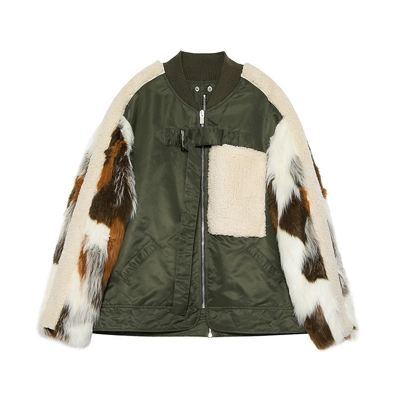 画像12: Woman's  original designer sleeves long hair stitching pilot cotton coat Blouson jacket スリーブファー付きアーミーMA1スタイルブルゾンジャケット ジャケット コート (12)