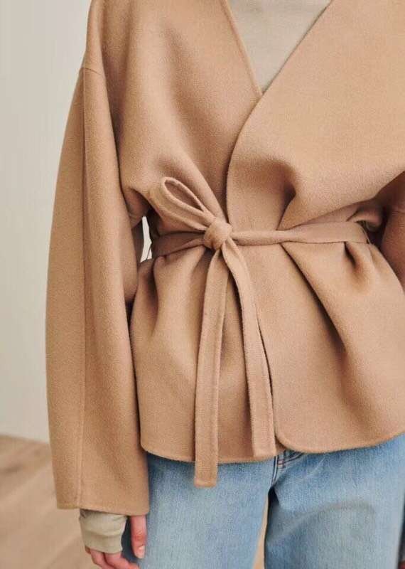 画像4: Women's luxury cashmere blended lace Slim V-neck short loose jacket カシミヤ混レーススリムVネックショートルーズジャケット コート (4)