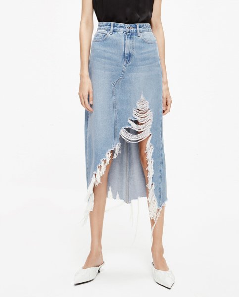 画像1: Women's high waist edging worn irregular damage denim skirt 　デニム　イレギュラーダメージスカートスカート (1)