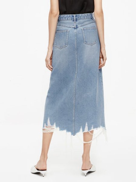 Women's high waist edging worn irregular damage denim skirt