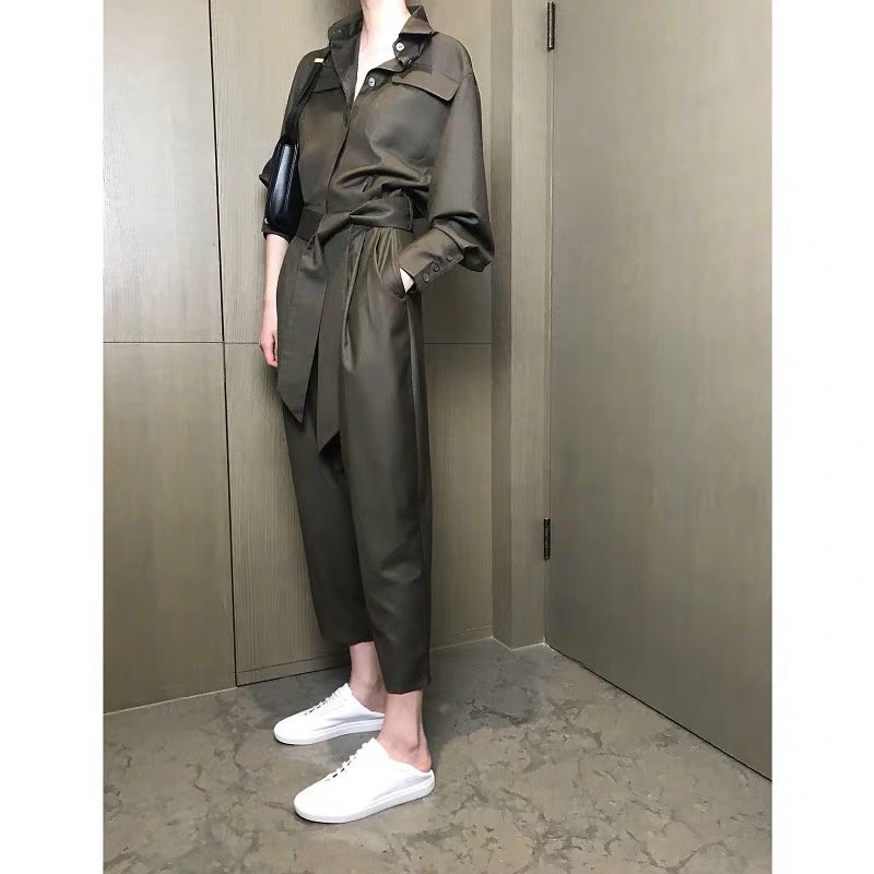 画像4:  Women's   simple casual tooling jumpsuit dress pants suit カジュアルアースカラーロングノースリーブロンパース ジャンプスーツ つなぎ ドレス パンツ (4)