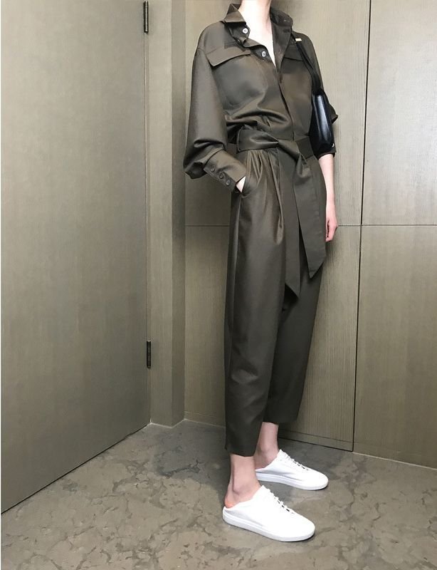 画像3:  Women's   simple casual tooling jumpsuit dress pants suit カジュアルアースカラーロングノースリーブロンパース ジャンプスーツ つなぎ ドレス パンツ (3)