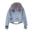 画像1: Woman's rabbit fur liner fox fur collar fur slim slimming washed denim jacket   フォックスファー襟付きラビットライナーあたたかデニムGジャン ブルゾンジャケット 　コート (1)