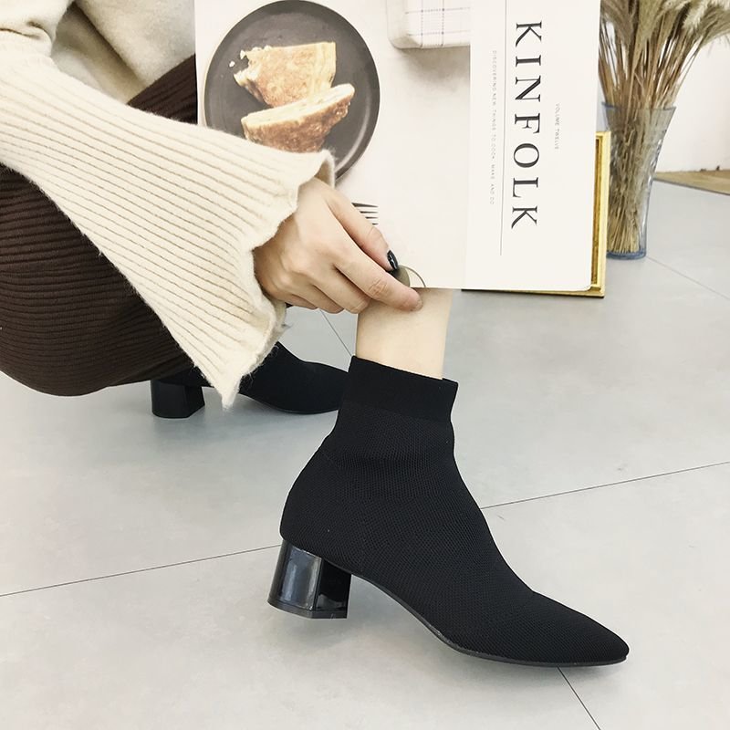 画像3:  women's pointed short boots  socks boots ポインテット太目ヒールソックスショートブーツ ブーティー (3)