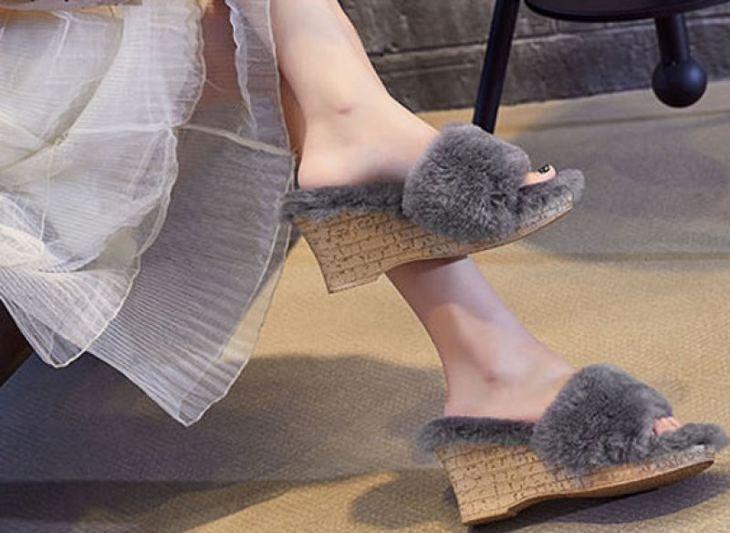 画像7: Women's sheep fur  Wedge sole  Sandals slippers  　リアルシープスキンファーウエッジサンダル スリッパ サボ (7)