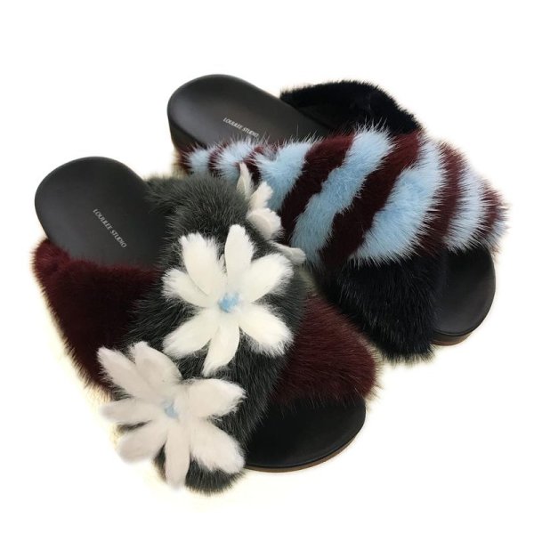 画像1: Women's   leather flowers flat bottom hairy slippers   Sandals　リアルミンクファークロスフラワー＆ボーダーフラットサンダル スリッパ サボ (1)