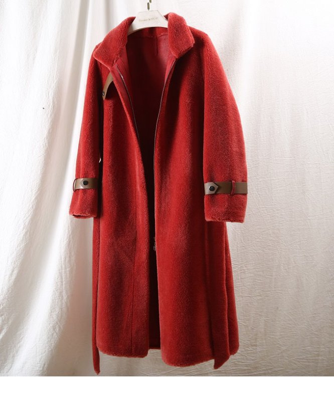 画像19: Women's sheep sheared large grain  fur  long coat jacketシープスキンシアドシンプルベルトレザーがポイントロングコート (19)