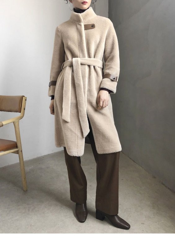画像8: Women's sheep sheared large grain  fur  long coat jacketシープスキンシアドシンプルベルトレザーがポイントロングコート (8)