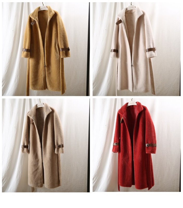 画像17: Women's sheep sheared large grain  fur  long coat jacketシープスキンシアドシンプルベルトレザーがポイントロングコート (17)