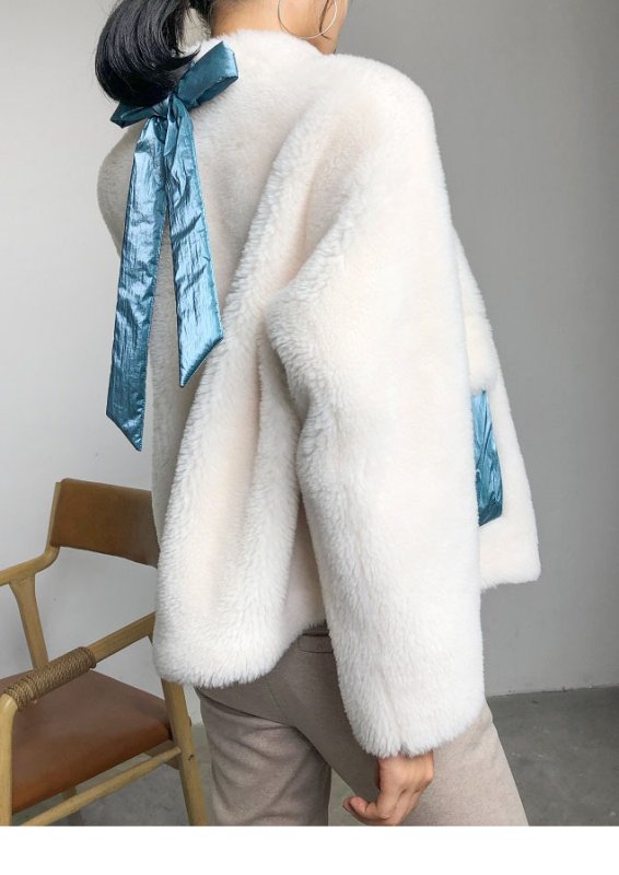 画像6: Women's short paragraph velvet fur one fur coat sheep sheared coat down pocket jacketシープスキンシアド ダウンポケット付きバックリボンがポイントジャケット コート (6)