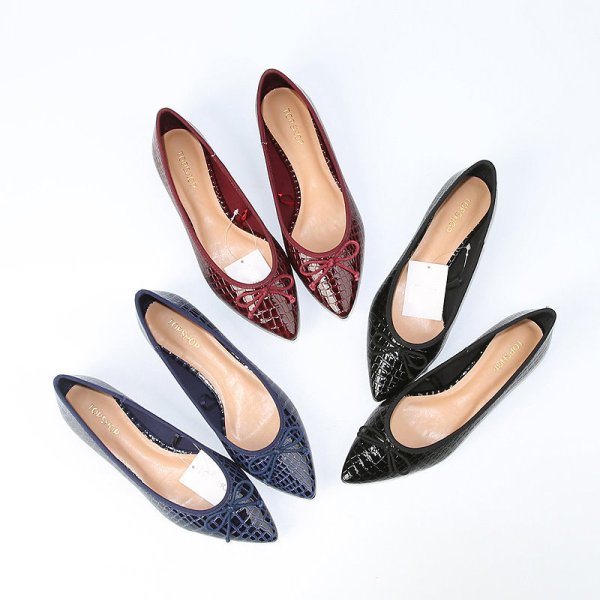 画像1: women's Stone pattern pointed bow flat flat shoes 　ボウリボン付きフラットパンプス　バレーシューズ　 (1)