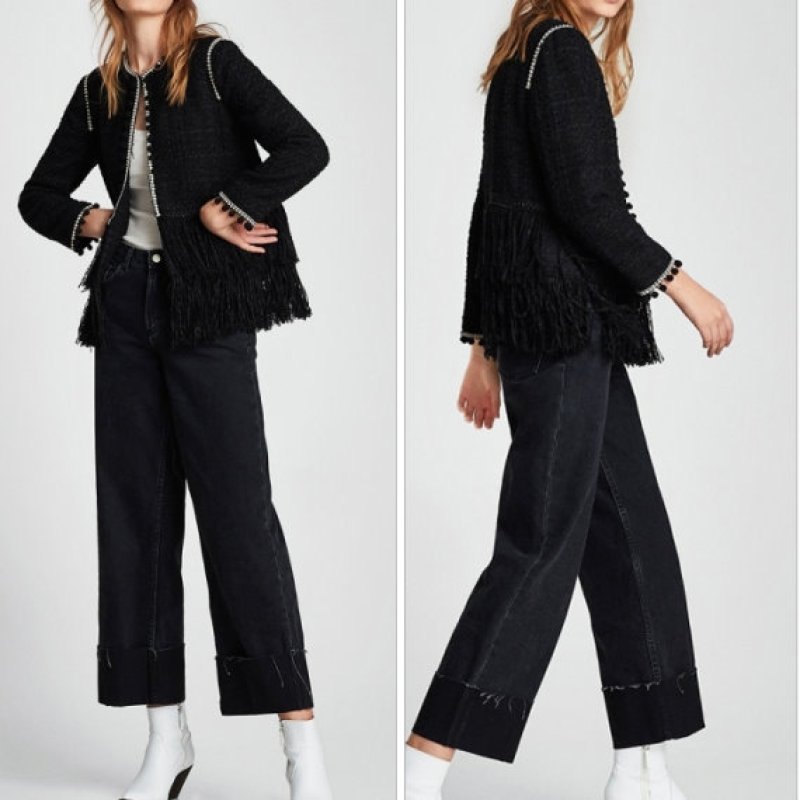 画像2: Women's street style fashion hem long tassel round neck long-sleeved twill soft coat  jacket ツイードにフリンジ付きジャケット コート  (2)