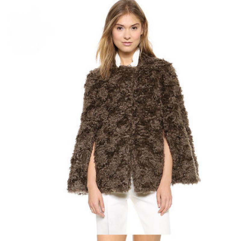 画像4: Women's Sleeve Split Double Pocket Invisible Hook Buckle Curly Faux Fur Cloak Cape coat  jacket カーリーファーダブルポケットケープ ジャケット コート  (4)