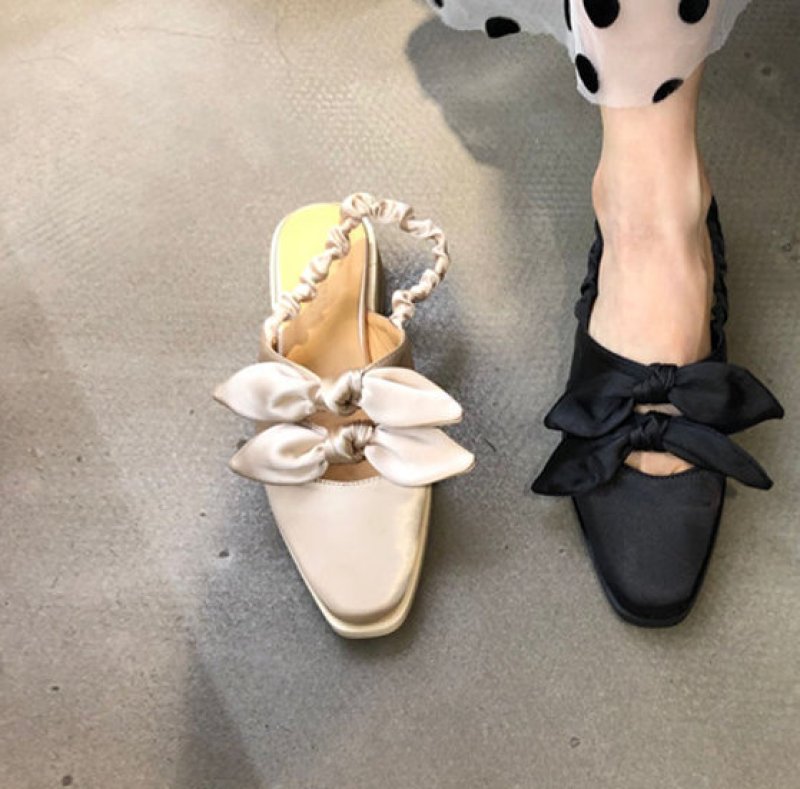 画像2: women's square satin bow elastic back empty single shoes flat shoes スクエアサテンバックベルトリボンパンプス　 (2)