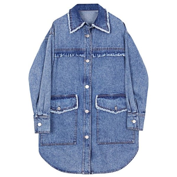 画像1: Women's  boyfriend breeze tassel washed denim jacket in the long section of the old silhouette windbreaker　フリンジデニムロングジャケットコート　ジャケット (1)