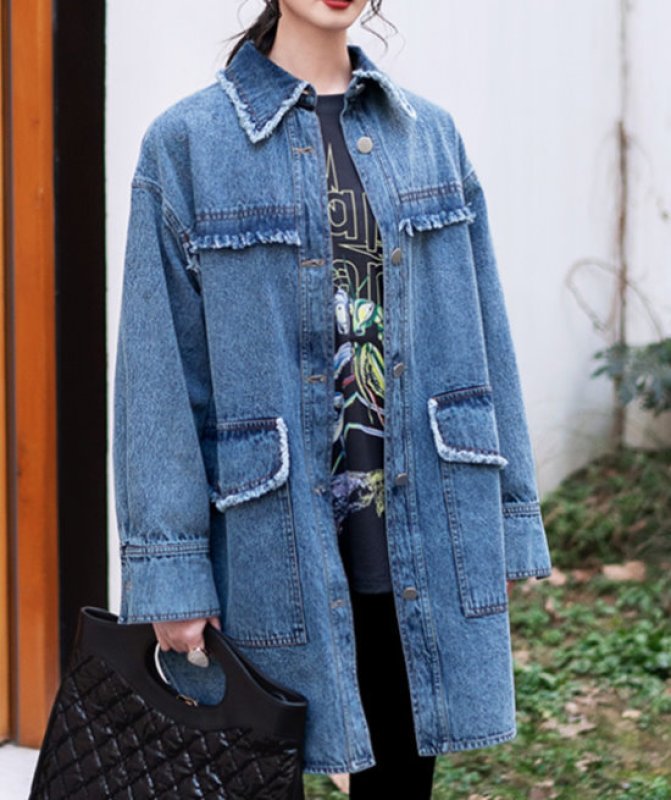 画像4: Women's  boyfriend breeze tassel washed denim jacket in the long section of the old silhouette windbreaker フリンジデニムロングジャケットコート ジャケット (4)