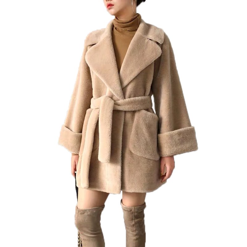 画像2: Women's sheep sheared  Classical Beige Camel Brown Wool Fur coat jacket シープスキンシアドシンプルベルト付きコート (2)