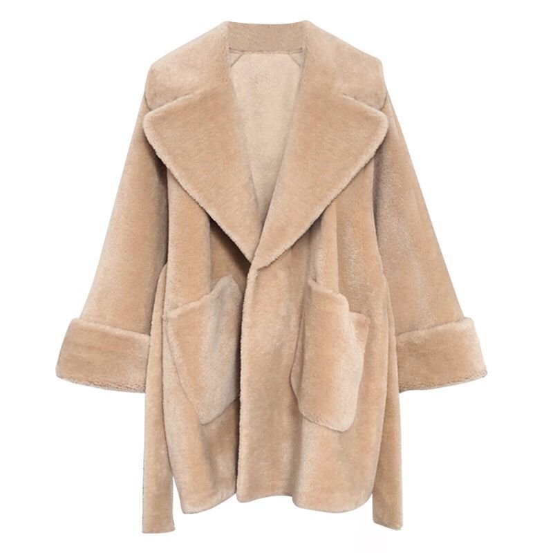 画像5: Women's sheep sheared  Classical Beige Camel Brown Wool Fur coat jacket シープスキンシアドシンプルベルト付きコート (5)
