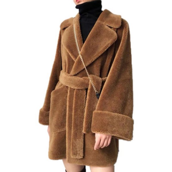 画像1: Women's sheep sheared  Classical Beige Camel Brown Wool Fur coat jacket　シープスキンシアドシンプルベルト付きコート (1)