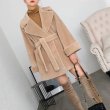 画像3: Women's sheep sheared  Classical Beige Camel Brown Wool Fur coat jacket　シープスキンシアドシンプルベルト付きコート (3)