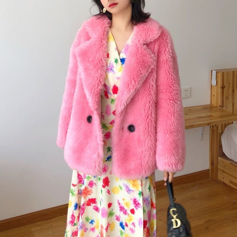 画像2: Women's Haining 100% pure wool Basha sheep shearing coat jacket シープスキンシアドシンプルテーラーカラーコートハーフコート ジャケット (2)