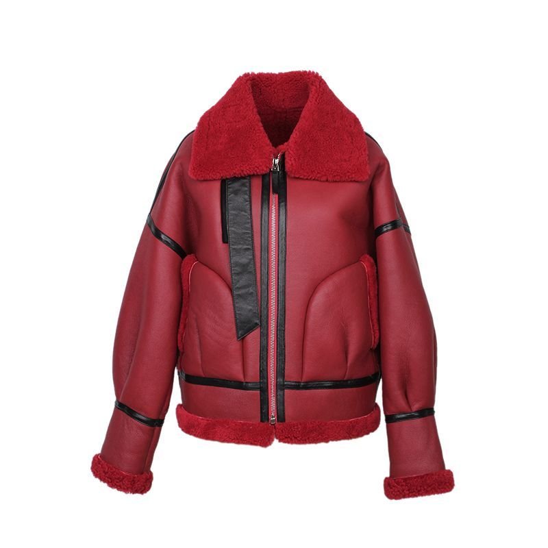 画像10: Women's real sheep fur one flight suit loose silhouette female coat Riders jacket リアルシープスキンライダースジャケット コート (10)