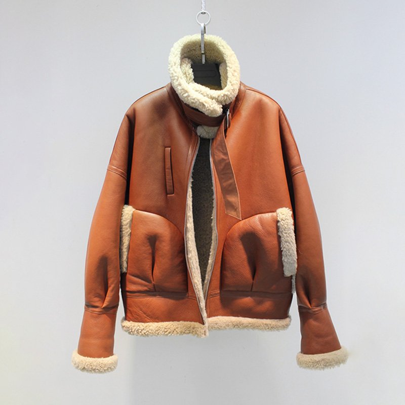 画像7: Women's real sheep fur one flight suit loose silhouette female coat Riders jacket リアルシープスキンライダースジャケット コート (7)
