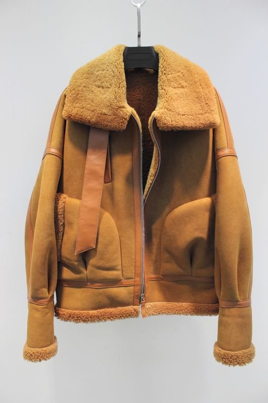 画像3: Women's real sheep fur one flight suit loose silhouette female coat Riders jacket リアルシープスキンライダースジャケット コート (3)