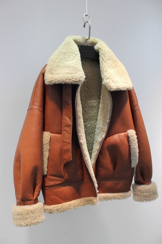 画像9: Women's real sheep fur one flight suit loose silhouette female coat Riders jacket リアルシープスキンライダースジャケット コート (9)