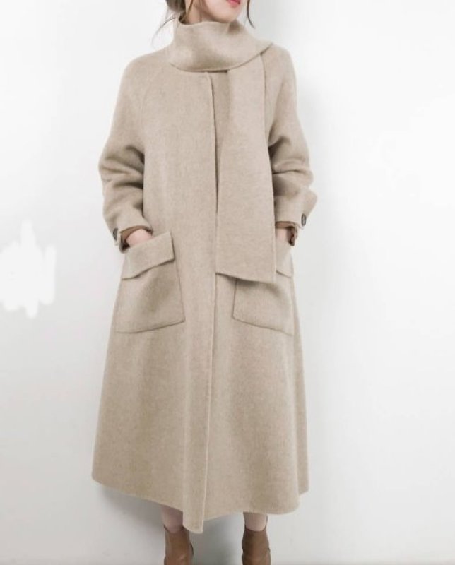 画像2: Women's  hand-stitched double-faced long scarf collar big umbrella pendulum silhouette wool long coat  スカーフ襟ウールコート (2)