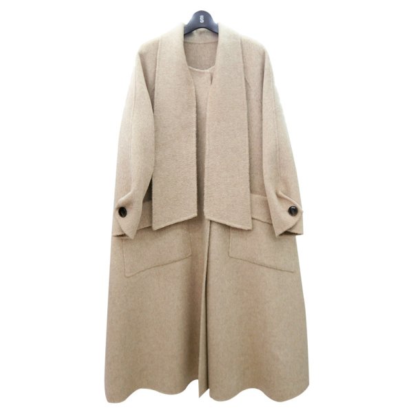 画像1: Women's  hand-stitched double-faced long scarf collar big umbrella pendulum silhouette wool long coat  スカーフ襟ウールコート (1)