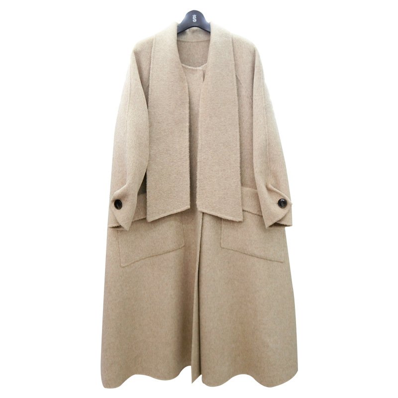 画像1: Women's  hand-stitched double-faced long scarf collar big umbrella pendulum silhouette wool long coat  スカーフ襟ウールコート (1)