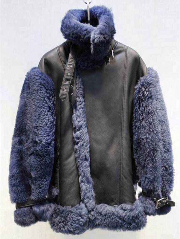 画像2: Women's Elegant Style Puffy Fur Leather Jacket Navy Oversize One Fur Sheepskin Coat  リアルシープスキンオーバーサイズジャケット コート (2)