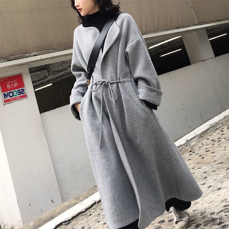画像2: Women'sover the knee long section waist temperament double-sided wool woolen coat  gray coat wool coat     ウールロングシンプルコート (2)