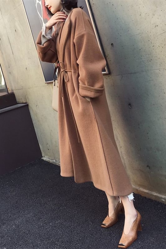 画像3: Women'sover the knee long section waist temperament double-sided wool woolen coat  gray coat wool coat     ウールロングシンプルコート (3)
