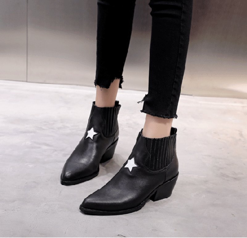 画像4:  women's  leather retro British motorcycle boots シンプルレザーサイドゴアショートスター星付きマーチンブーツ ブーティブーツ アンクルブーツ (4)