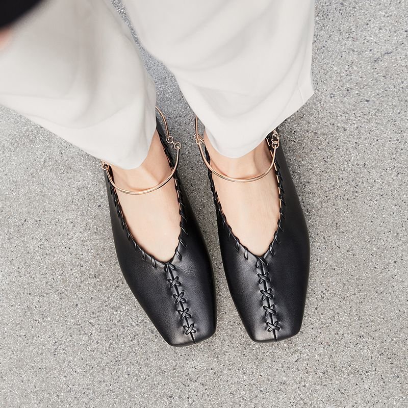 画像3: women's square head flat bottom woven metal foot ring buckle single shoes flat ballet shoesレザーフラットメタルアンクル付きパンプス バレエシューズ (3)