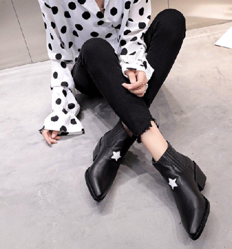 画像3:  women's  leather retro British motorcycle boots シンプルレザーサイドゴアショートスター星付きマーチンブーツ ブーティブーツ アンクルブーツ (3)