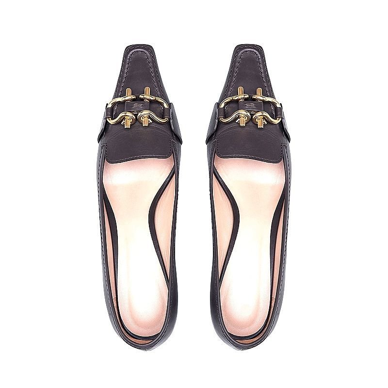 画像2: women's square head horse buckle shallow mouth with small leather shoes  レザーブリティッシュ金具付きヒールパンプス  (2)