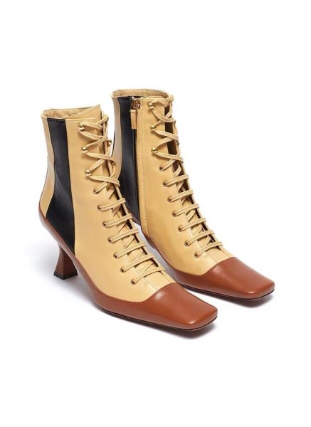 画像1:  women's   leather  tie color matching  high heel square short boots レザーハイヒールスクエアレースアップショートマーチンブーツ ブーティブーツ　 (1)