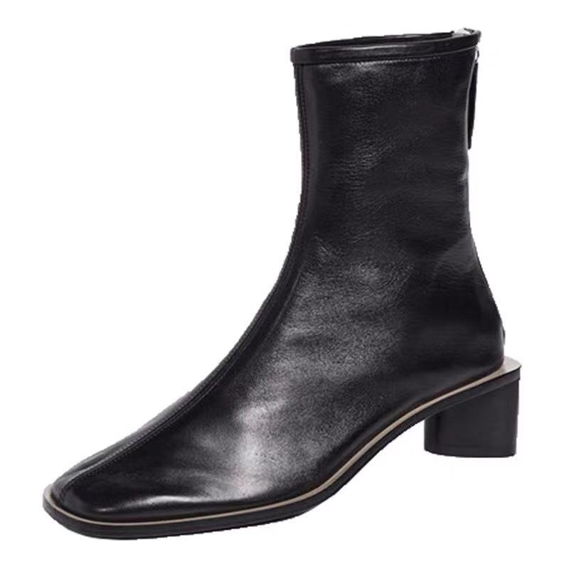 画像4:  women's Square head booties  new thick with short tube stretch thin boots Martin ankle boots  single boots  レザースクエアヒールストレッチシンプルマーチンショート ブーツ  (4)