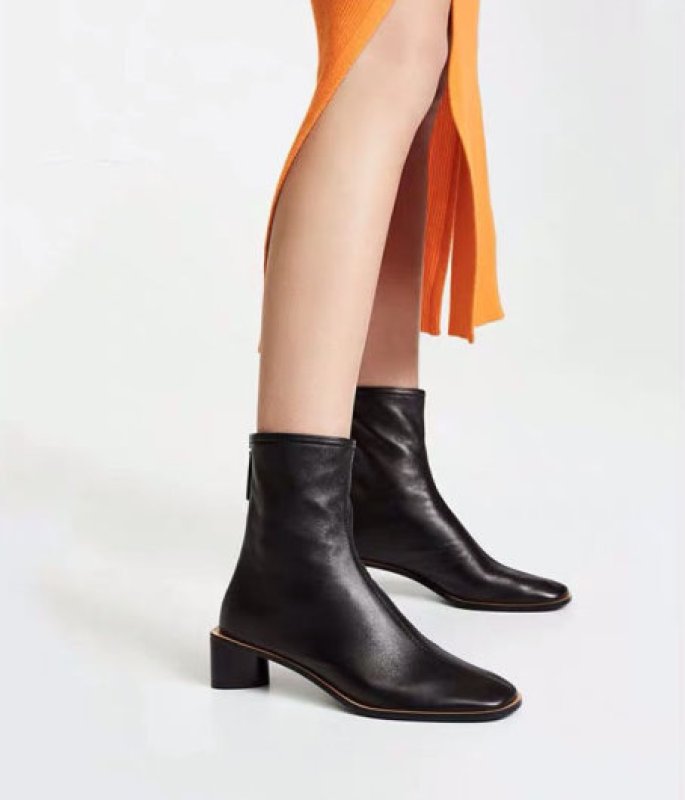 画像3:  women's Square head booties  new thick with short tube stretch thin boots Martin ankle boots  single boots  レザースクエアヒールストレッチシンプルマーチンショート ブーツ  (3)