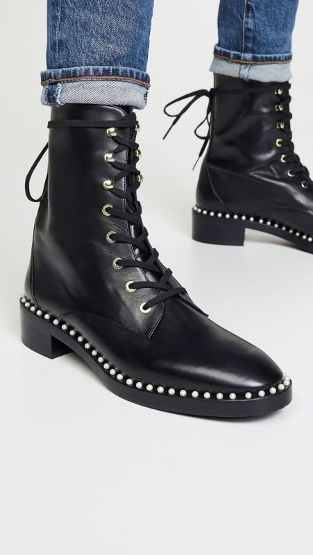画像2:  women's  flat-bottomed pearl booties Martin ankle boots  single boots  レザーレースアップパール付きフラットマーチンレースアップショート ブーツ  (2)