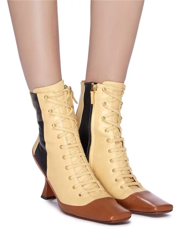 画像4:  women's   leather  tie color matching  high heel square short boots レザーハイヒールスクエアレースアップショートマーチンブーツ ブーティブーツ  (4)