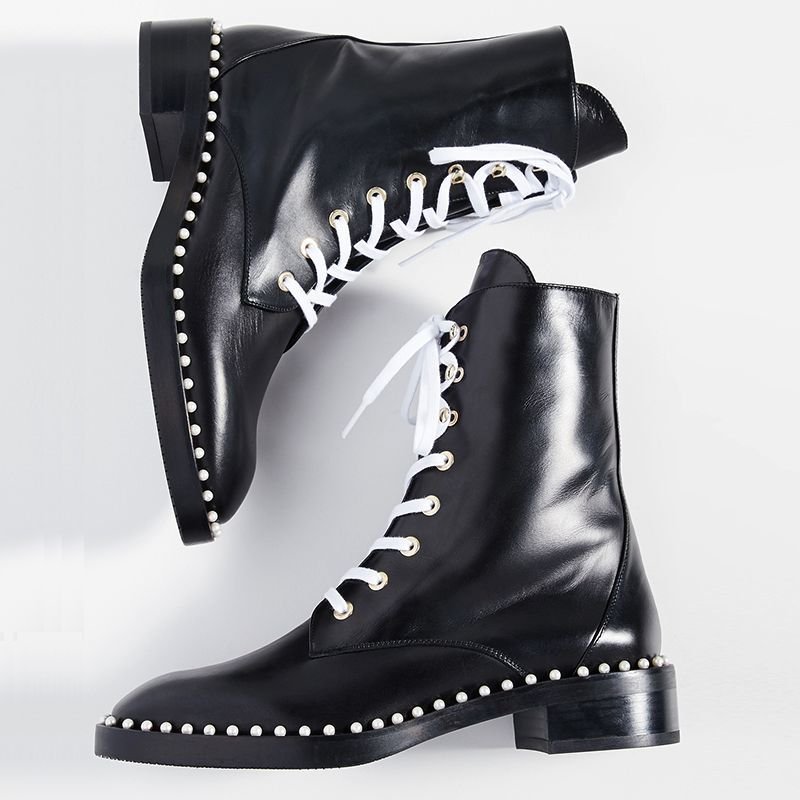 画像4:  women's  flat-bottomed pearl booties Martin ankle boots  single boots  レザーレースアップパール付きフラットマーチンレースアップショート ブーツ  (4)